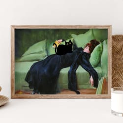 black cat print, decadent young woman cat poster, ramon casas cat art, after the dance funny cat print, funny gift, home