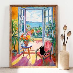 black cat print, open window cat poster, cat art, floral print, funny cat print gift, fowers poster, black kitten gift i