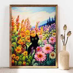 black cat print, sunflowers cat poster, cat art, floral print, funny cat print, fowers poster, flower garden black kitte