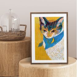 cat with blue scarf, original oil pastel cat portrait print , poster, vintage wall art, unique gift