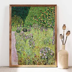 gustav klimt orchard with roses poster, cottage garden, klimt flowers, floral wall decor, spring wall art, gift idea, kl