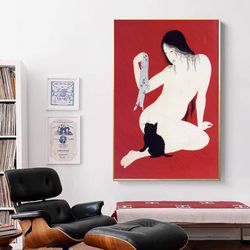 japanese woman and cat portrait painting poster, vintage wall art print, unique gifts-1