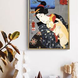 japanese woman and cat portrait painting poster, vintage wall art print, unique gifts