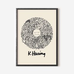 keith haring abstract wall art print, colourful modern art poster, yellow exhibition print, famous artist print, gallery