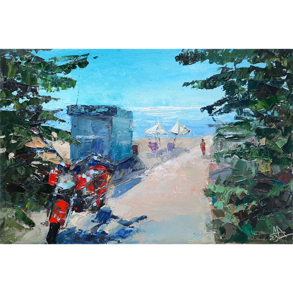 Motorbike on the beach art hand painted by artist with palette knife.