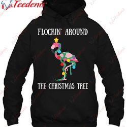 flamingo flocking around the christmas tree light chain tank top shirt, women christmas shirts family  wear love, share