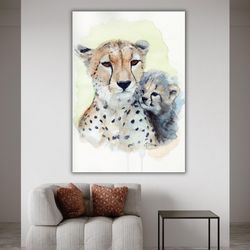 cheetah cub and mother painting, canvas print, artwork, wildlife art, animal print, nursery decor