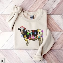 christmas cow sweatshirt, cow christmas lights shirt, christmas crewneck, funny christmas cow shirt, cow holiday sweater