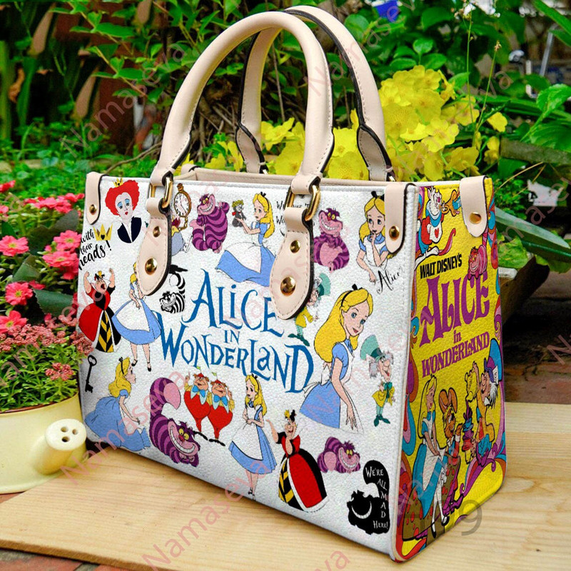 Alice In Wonderland Leather Handbag, Alice Cartoon Women Bag, Personalized Leather BagPurseTote Bag, Custom Disney Alice Shoulder Bag.jpg