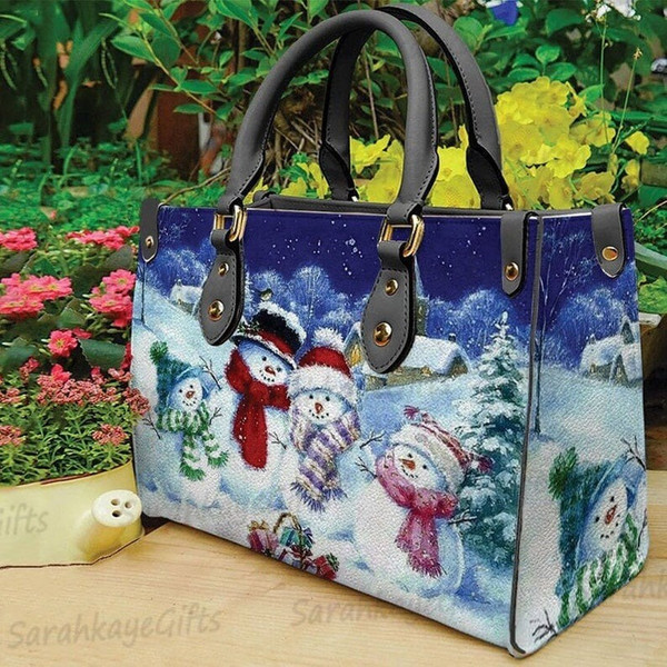 Snowman Whitechrismas Leather Handbag, Snowman Christmas Woman Handbag, Christmas Women Bag and Purses, Custom Leather Bag, Christmas Gift.jpg