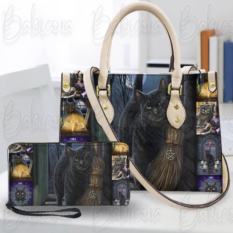 Black Cat Leather Handbag And Wallet, Wicca Halloween Shoulder Bag, Cat Lover Bag, Black Cat Shoulder Bag, Gift For Halloween.jpg