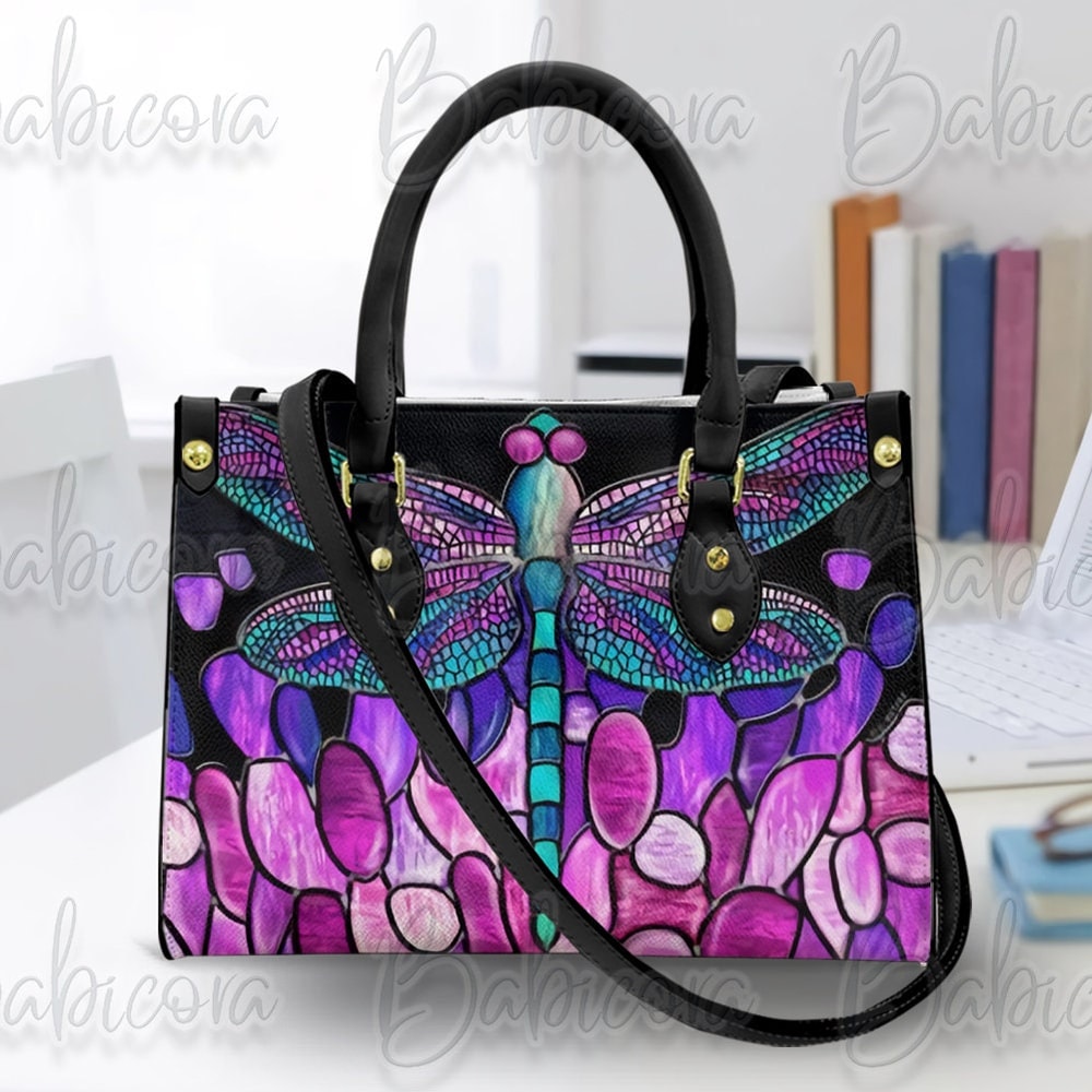 Dragonfly Leather Handbag & Wallet, Colorful Dragonfly Shoulder Bag, Custom Bag, Retro Handbag, Mother's Day Gift 1.jpg