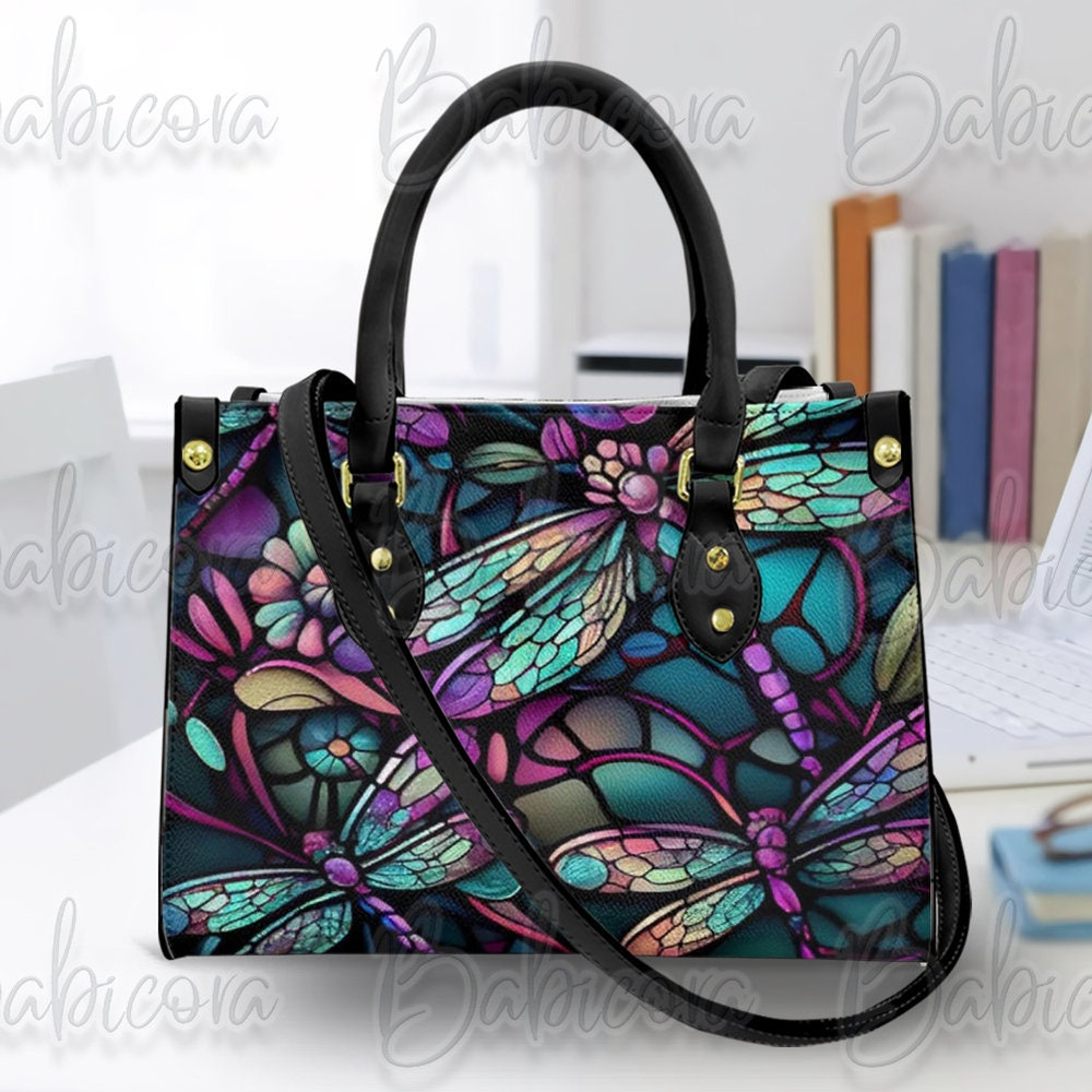Dragonfly Stained Glass Leather Handbag & Wallet,  Colorful Dragonfly Shoulder Bag, Custom Bag, Retro Handbag, Mother's Day Gift.jpg