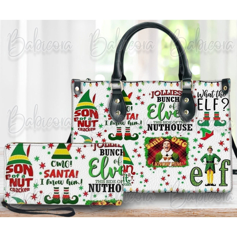 Elf Christmas Leather Handbag & Wallet, Women Shoulder Bag, Elf Handbag, Elf Lover Gift, Custom Handbag, Christmas Bag.jpg