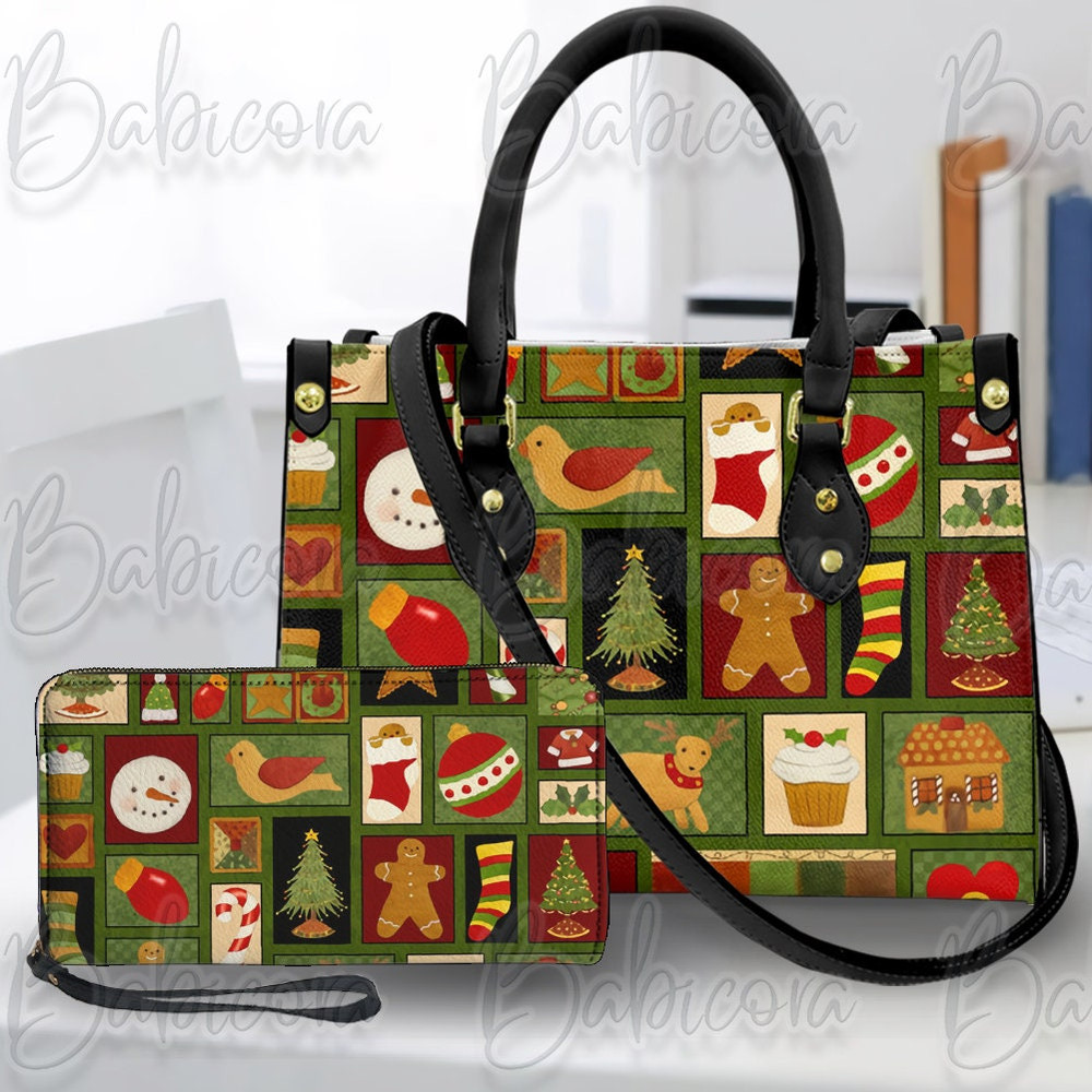 Gingerbread Christmas Tree Snowman Socks Handbag & Wallet, Christmas Shoulder Bag, Women Holiday Wallet, Xmas Bag.jpg