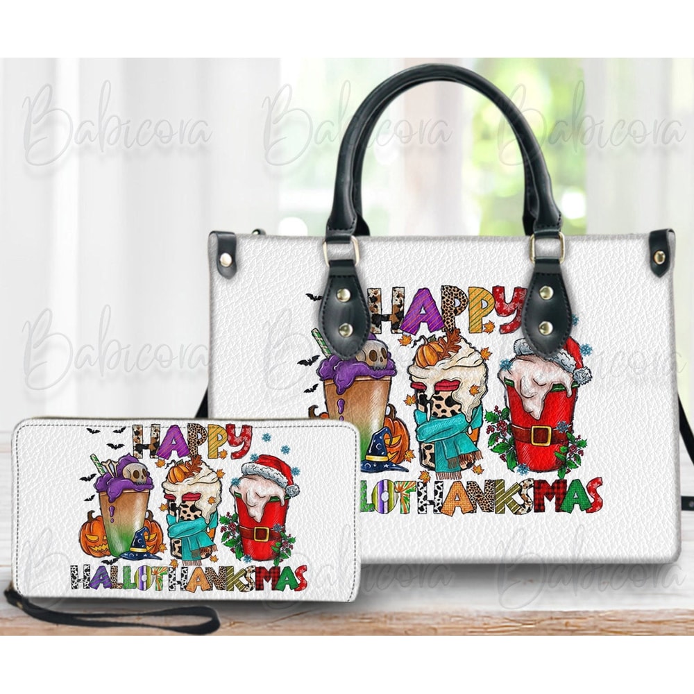 Happy Hallothanksmas Coffee Christmas Leather Bag & Wallet, Fall Handbag, Halloween Shoulder Bag, Christmas Bag.jpg