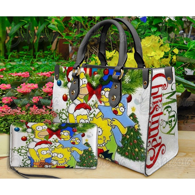 The Simpsons Christmas Leather Bag & Wallet, Simpsons Women Shoulder Bag, Grinch Handbag, Simpsons Lover Gift, Custom Handbag, Christmas Bag.jpg