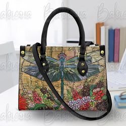 Vintage Dragonfly Leather Handbag Wallet, Colorful Dragonfly Shoulder Bag, Custom Bag