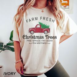 farm fresh christmas trees truck shirt, christmas t-shirt, christmas family, red truck shirt, christmas gift, christmas