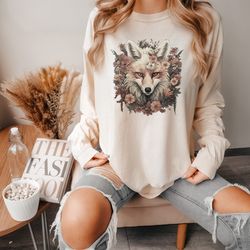 boho floral wreath fox long sleeve tshirt vintage flowers sweater hippie dog forest cottagecore nature witch top street