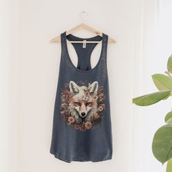 boho floral wreath fox tank top vintage flowers dog hippie forest cottagecore nature green witch muscle tee streetwear c