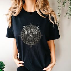celtic norse vegvisir shirt viking nordic rune tshirt mystical compass top futhark mythology runes deer antlers scandi