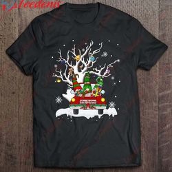 cute gnome red truck christmas tree lights ugly santa hat t-shirt, funny christmas shirts for work  wear love, share bea