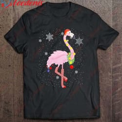cute pink flamingo with snow, lights and santa hat christmas t-shirt, funny christmas sweaters for couples wear love, s