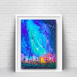 northern lights painting galaxy original art canvas art fluid artwork pine tree