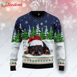 dreaming rottweiler under snow ugly christmas sweater, funny ugly sweater ideas