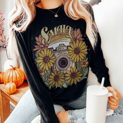 retro happy photography long sleeve tshirt  boho smile old camera hippie long sleeved cotton photographer shirt  happine