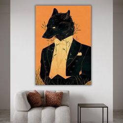 black wolf suit canvas print, vintage animal artwork, unique wall decor, wolf costume print