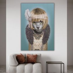 cat in dress painting, cute cat artwork, costumed animal portrait, canvas print, artprint