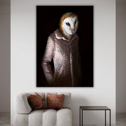 coated owl painting, canvas print, animal artwork, costumed owl, wall decor, unique gift