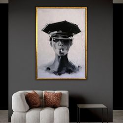 cool woman in police hat smoking canvas print, female art, sexy woman, unique artwork