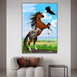 horse and eagle farm animal painting, farmhouse decor, canvas artprint, unique gift idea