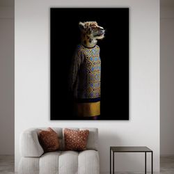 lioness in sweater canvas print, costume lion artwork, cute animal painting, unique wall decor