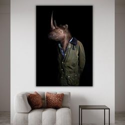 rhino painting artwork, cute costumed rhinoceros, animal canvas print, unique art print