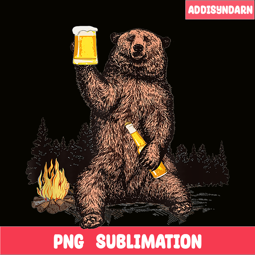 BEER28102304-Bear Drinking Beer PNG Camp Fire Woods Outdoor PNG Funny Grizzly PNG.png
