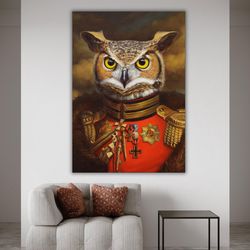 vintage marshal owl portrait, canvas print, artprint, costumed animal artwork, unique gift