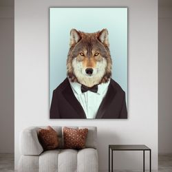 wolf in suit canvas print, animal portrait artwork, costumed animal wall decor, unique gift