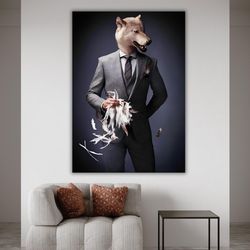 wolf in suit canvas print, costumed wolf artwork, wildlife animal painting, unique wall decor