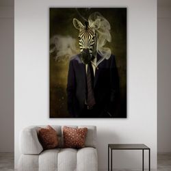 zebra in suit smoking canvas print, office decor, animal artwork, wall art, unique gift
