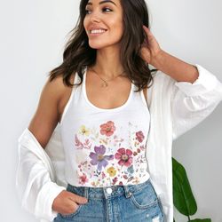 vintage trendy pressed flowers tank top boho floral summer colorful shirt  botanical cottagecore top goblincore aestheti