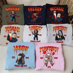 horror characters friend sweatshirt, horror movie hoodie, chucky, ghostface, scream, freddy, michael, jason, halloween h