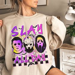 horror halloween characters shirt  jason voorhees michael myers ghost face shirt  slay all day shirt  horror movie shirt