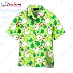 dancing snowman in green patterned aloha hawaiian shirt wear love, share beauty