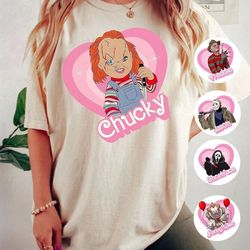 pink doll horror characters shirt, ghost face shirt, halloween cosplay, horror barbie graphic tee, spooky halloween shir