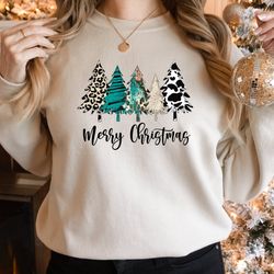 ladies merry christmas sweatshirt ,women christmas gift,leopard christmas tree,women holiday shirt ,cute christmas shir