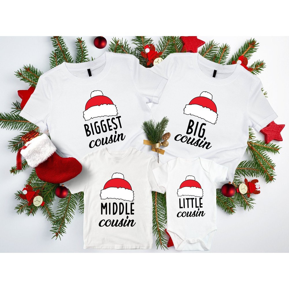 Cousin Crew Christmas Shirt, Big Cousin Biggest Cousin T-Shirt, Middle Cousin Little Cousin Tee, Family Christmas Outfits, Santa Hat Clothes.jpg